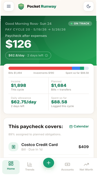 Pocket Runway home screen showing daily allowance and pay cycle budget