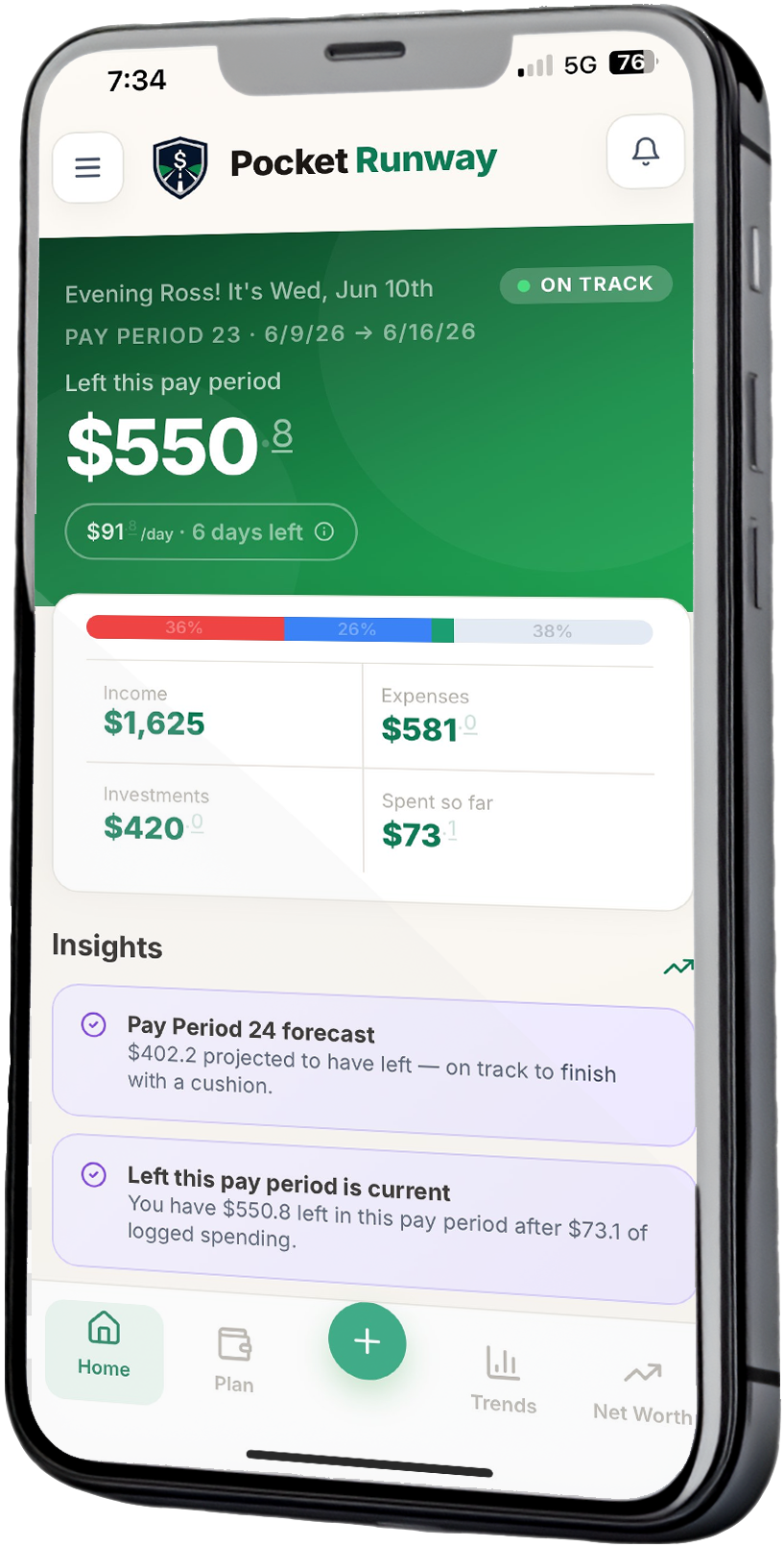 Pocket Runway home screen showing daily allowance and pay cycle budget